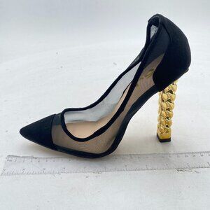 FSJ Black Mesh Gold Metal Chain Chunky High Heel Pointed Toe Slip On Prom Shoes